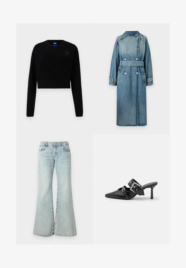 Denim-Trenchcoat in Hellblau. Verfügt über einen Kragen, ein doppelt knöpfbares Design, eine taillierte Passform mit Gürtel und geknöpfte Bündchen mit detaillierter Naht.; Schwarzer, kürzer geschnittener Pullover mit V-Ausschnitt, geripptem Saum und langen Ärmeln. Mit einem kleinen strukturierten Herzdetail auf der Brust. Hergestellt aus weichem Material.; Hellblaue Schlagjeans aus Denim, mit hoher Taille, Taschen und ausgefransten Säumen. Der Stoff hat eine verblasste Waschung und eine subtile Textur.; Schwarze High-Heel-Mules mit spitzem Zeh aus glattem Leder. Mit einem breiten Knöchelriemen, der eine quadratische silberne Schnalle und Nieten aufweist.