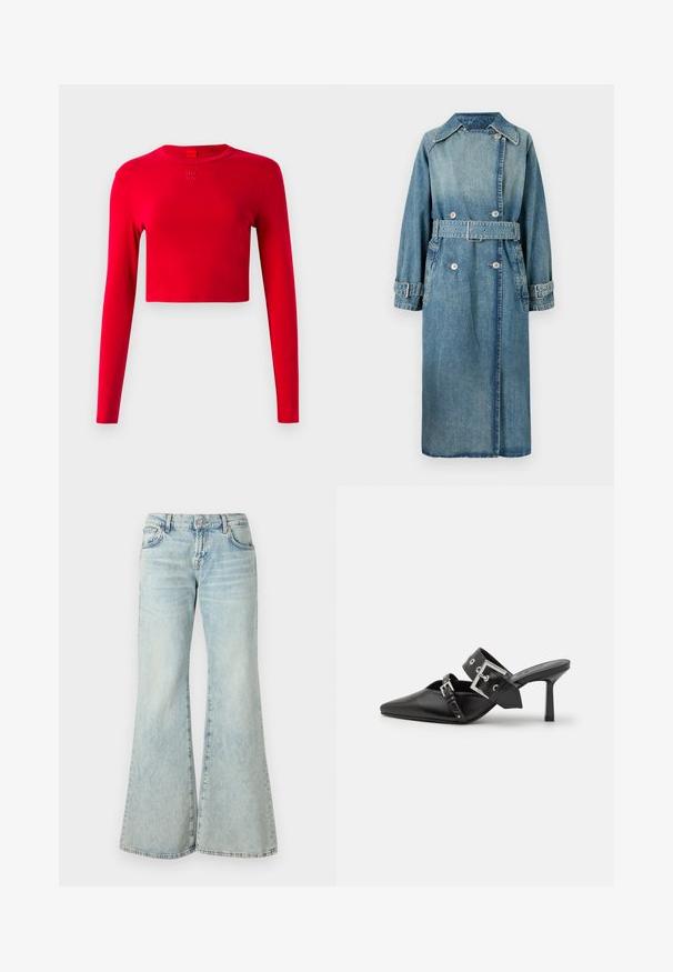 Heled sinise denim mantli. Omab kaelust, topelt nööbitavat disaini, nööridega vöökohta ja nööbiga mansette, millel on detailne õmblus.; Punane pikad varrukad Crop-top ümarate kaelustega ja väike ülestõstetud "HUGO" logo kaela alla keskelt sileda taustaga.; Heledad sinised flared teksad, mis on valmistatud denimist, kõrge vöökoha, taskute ja kulunud äärtega. Kangas näitab tuhmumist ja peent tekstuuri.; Mustad mustad kõrged kontsad, terava toe ja siledast nahast. Omab laia pahkluu rihma ruudukujulise hõbedase klambri ja nurgakujuliste naeltega.