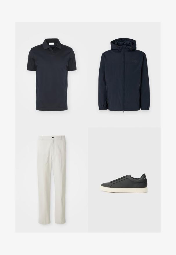 Chaqueta ligera navy con capucha, puños elásticos y bolsillos con cremallera; presenta un logo en el pecho y una textura suave y resistente al agua.; Camisa polo azul marino con un cuello clásico y mangas cortas, hecha de una tela suave. Presenta un dobladillo recto y sin patrones visibles.; Pantalones rectos beige con presillas para cinturón, botón frontal y cierre de cremallera, exhibidos en plano sobre un fondo blanco.; Zapatilla negra de cuero con perfil bajo, punta redondeada y cierre de cordones; cuenta con una suela de goma texturizada y detalle del logo en el talón.