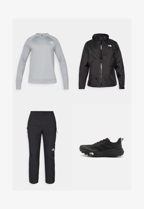 Črna vodoodporna jakna iz lahkega materiala. Ima zadrgo spredaj, nastavljivo kapuco in logotip na prsih. Vključeni so elastični zapestniki.; Svetlo siva majica s dugimi rokavi in okroglim izrezom. Ima rebrast rob in manšete. Na prsih je prikazan logotip The North Face.; The North Face WINTER EXPLORATION TAPERED CARGO - Hlače za na prostem - black; Črne tekaške čevlje za trail s teksturirano zgornjega dela, gumijastim podplatom in ojačanim zaključkom prstov. Vključuje oblazinjen ovratnik in zanko za enostavno obuvanje.