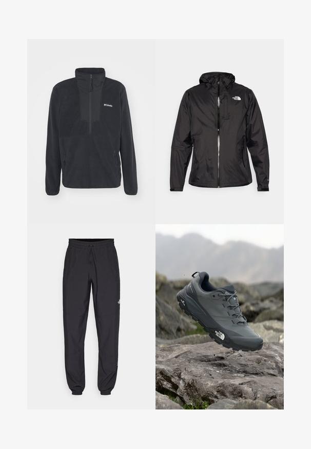 Zwarte waterdichte jas van lichtgewicht stof. Voorzien van een ritssluiting aan de voorkant, verstelbare capuchon en logo-accent op de borst. Inclusief elastische manchetten.; Zwarte fleecetop met een half-rits kraag, twee zijzakken met rits en een logo op de borst. Heeft een gladde textuur en aansluitende mouwen.; Zwarte sportieve broek gemaakt van lichtgewicht stof, met een trekkoord in de taille, zijzakken en taps toelopende boorden bij de enkels.; Grijze trailrun-schoen met een gestructureerde bovenkant, duurzame rubbersole en versterkte neuskap. Voorzien van veters en een merkimprint aan de zijkant.