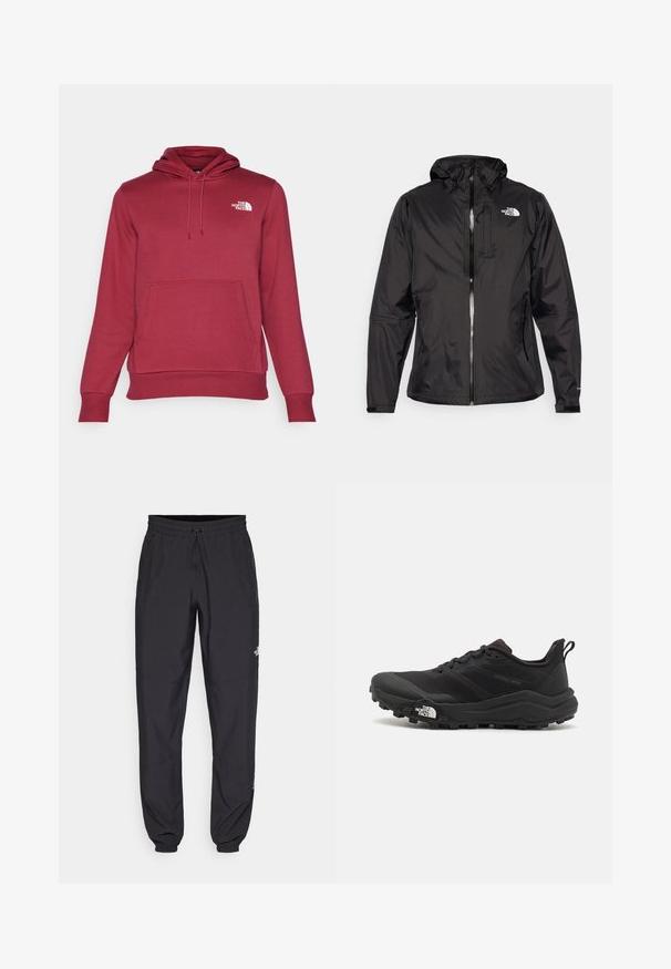 Chaqueta impermeable negra de tejido ligero. Cuenta con un cierre frontal con cremallera, capucha ajustable y acento de logo en el pecho. Incluye puños elásticos.; The North Face M SIMPLE DOME REGULAR HOODIE - Jersey con capucha - beetroot; Pantalones deportivos negros hechos de un tejido ligero, con una cinturilla ajustable, bolsillos laterales y puños ajustados en los tobillos.; Zapatilla de trail running negra con upper texturizado, suela de goma y puntera reforzada. Presenta un collar acolchado y una lengüeta para poner y quitar fácilmente.