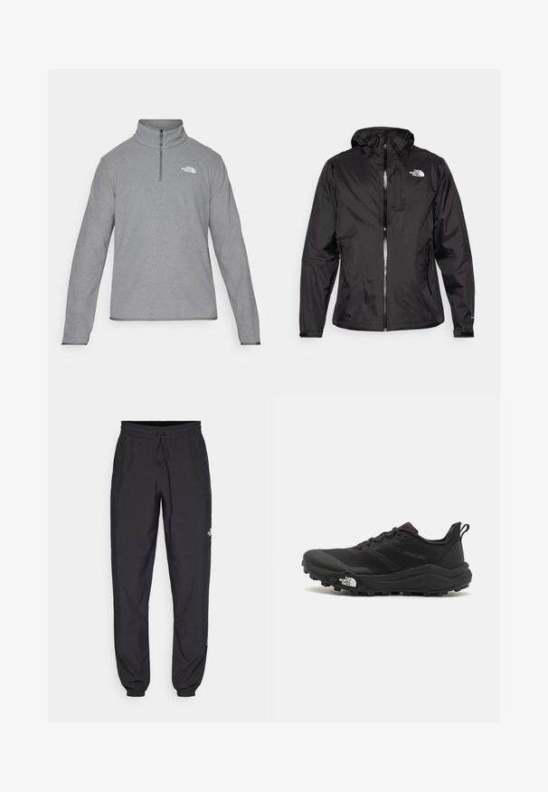 Svart vanntett jakke i lett stoff. Har glidelås foran, justerbar hette og logo på brystet. Elastiske mansjetter inkludert.; The North Face M GLACIER FLEECE 1/4 ZIP JACKET - Fleecegenser - grey heather; Sorte idrettsbukser laget av lett stoff, med snor i livet, sidelommer og smale mansjetter ved anklene.; Svart terrengløpesko med teksturert overdel, gummisåle og forsterket tåhette. Har polstret krage og løftestropp for enkel påkledning.