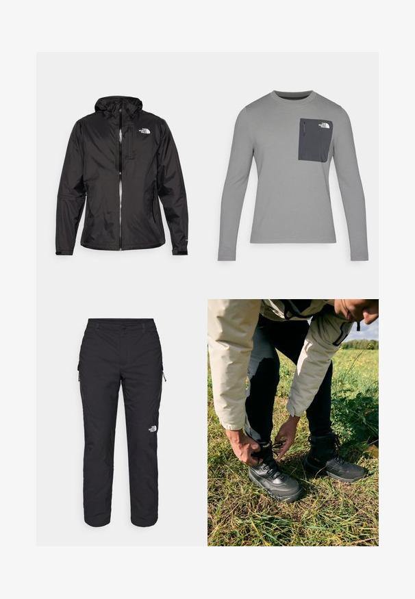 Svart vanntett jakke i lett stoff. Har glidelås foran, justerbar hette og logo på brystet. Elastiske mansjetter inkludert.; Langermet grå skjorte med strukturert stoff, med en mørk grå brystlomme og glidelås. Logo på lommen i hvitt.; The North Face WINTER EXPLORATION TAPERED CARGO  - Friluftsbukser - black; Svart utendørs støvler med teksturert skinnøvre og gummisåle. Bæreren strammer snørene mens de står på gress.