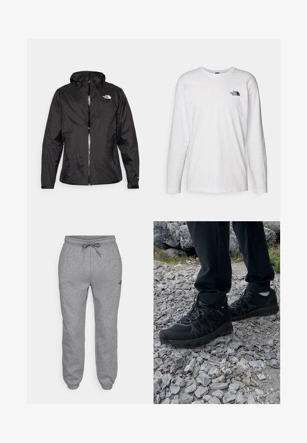 Czarna wodoodporna kurtka z lekkiego materiału. Posiada zamek z przodu, regulowany kaptur oraz akcent z logo na piersi. Wbudowane elastyczne mankiety.; Biała koszulka z długim rękawem wykonana z bawełny, z okrągłym dekoltem. Posiada małe czarne logo na piersi. Gładka faktura, regularny krój.; The North Face - Spodnie treningowe; Czarne buty outdoorowe wykonane z siateczki i materiału syntetycznego, z fakturowaną cholewką, zabezpieczonym systemem sznurowania i solidną podeszwą, na skalistym terenie.