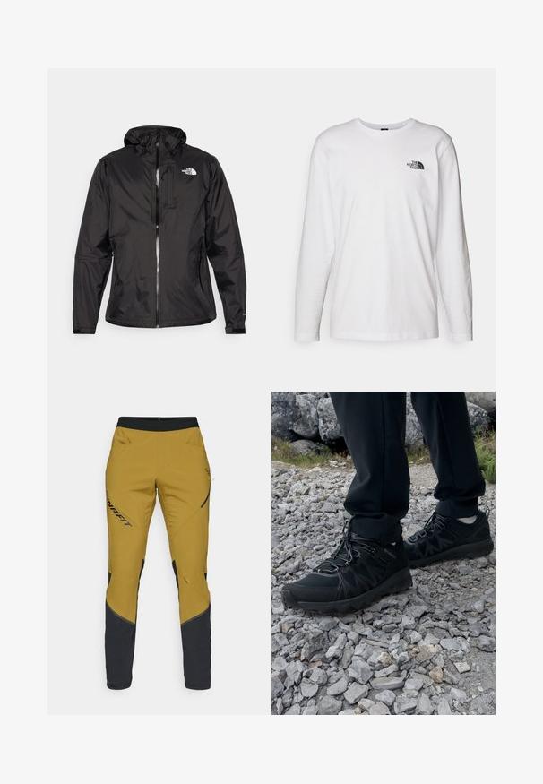 Black waterproof jacket in lightweight fabric. Features a zippered front, adjustable hood, and logo accent on the chest. Elastic cuffs included.; White long-sleeve T-shirt made of cotton with a crew neck. Features a small black logo on the chest. Smooth texture, regular fit.; Yellow pants with black accents, featuring a tapered design, elastic waistband, and zippered pockets for secure storage.; Black outdoor shoes with mesh and synthetic material, featuring a textured upper, secured lacing system, and a rugged outsole, on rocky terrain.