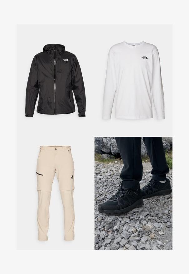 Giacca impermeabile nera in tessuto leggero. Presenta una zip frontale, cappuccio regolabile e un accento con logo sul petto. Manicotti elastici inclusi.; T-shirt bianco a maniche lunghe in cotone con colletto rotondo. Presenta un piccolo logo nero sul petto. Texture liscia, vestibilità regolare.; Mammut RUNBOLD ZIP OFF PANTS MEN - Pantaloni outdoor - savannah; Scarpe da esterni nere realizzate in mesh e materiale sintetico, con una parte superiore testurizzata, un sistema di allacciatura sicuro e una suola robusta, su terreno roccioso.