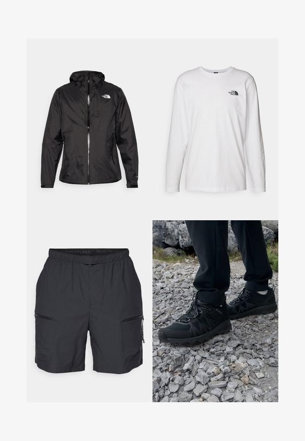 Sort vandtæt jakke i letvægtsstof. Har en lynlåslukning foran, justerbar hætte og logopræget på brystet. Inkluderer elastiske manchetter.; Hvid langærmet T-shirt lavet af bomuld med rund hals. Har et lille sort logo på brystet. Glat tekstur, almindelig pasform.; Sorte atletiske shorts med elastisk talje, to lynlåslommer på siderne og et glat, let materiale. Har skrå sømme.; Sorte udendørssko med mesh og syntetisk materiale, med en tekstureret overdel, sikre snørebånd og en robust ydersål, på klippelandskab.