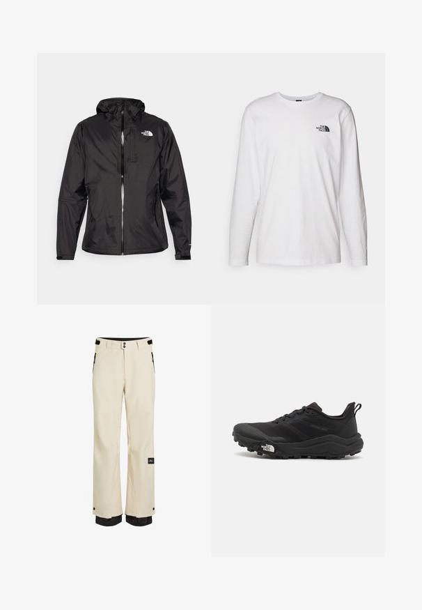 Svart vattentät jacka i lättviktsmaterial. Utrustad med dragkedja fram, justerbar huva och logotypdetalj på bröstet. Elastiska ärmslut ingår.; Vit långärmad T-shirt i bomull med rund halsringning. Har en liten svart logotyp på bröstet. Slät textur, normal passform.; Beiga snöbyxor med svarta detaljer, standardpassform, vattentätt material, justerbart midjeband, fickor med dragkedja och elastiska muddar vid anklarna.; Svart terränglöparsko med en strukturerad ovandel, gummisula och förstärkt tåhätta. Har en vadderad krage och en dragflik för enkel påtagning.