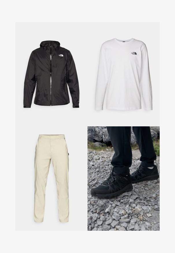 Černá voděodolná bunda z lehkého materiálu. Vybavena zipem vpředu, nastavitelnou kapucí a akcentem loga na hrudi. Součástí jsou elastické manžety.; Bílý dlouhý rukáv tričko vyrobené z bavlny s kulatým výstřihem. Na hrudi se nachází malé černé logo. Hladká textura, běžný střih.; Oakley TERRAIN PANT - Kalhoty - silver sage/white; Černé venkovní boty z prodyšného a syntetického materiálu, s texturovaným svrškem, bezpečným šněrovacím systémem a robustní podrážkou, na skalnatém terénu.