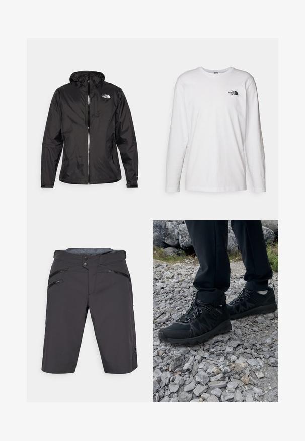Černá voděodolná bunda z lehkého materiálu. Vybavena zipem vpředu, nastavitelnou kapucí a akcentem loga na hrudi. Součástí jsou elastické manžety.; Bílý dlouhý rukáv tričko vyrobené z bavlny s kulatým výstřihem. Na hrudi se nachází malé černé logo. Hladká textura, běžný střih.; Šedé šortky s úzkým střihem, vyrobené z lehkého materiálu. Mají dvě přední kapsy na zip a nášivku s logem na levé dolní noze.; Černé venkovní boty z prodyšného a syntetického materiálu, s texturovaným svrškem, bezpečným šněrovacím systémem a robustní podrážkou, na skalnatém terénu.