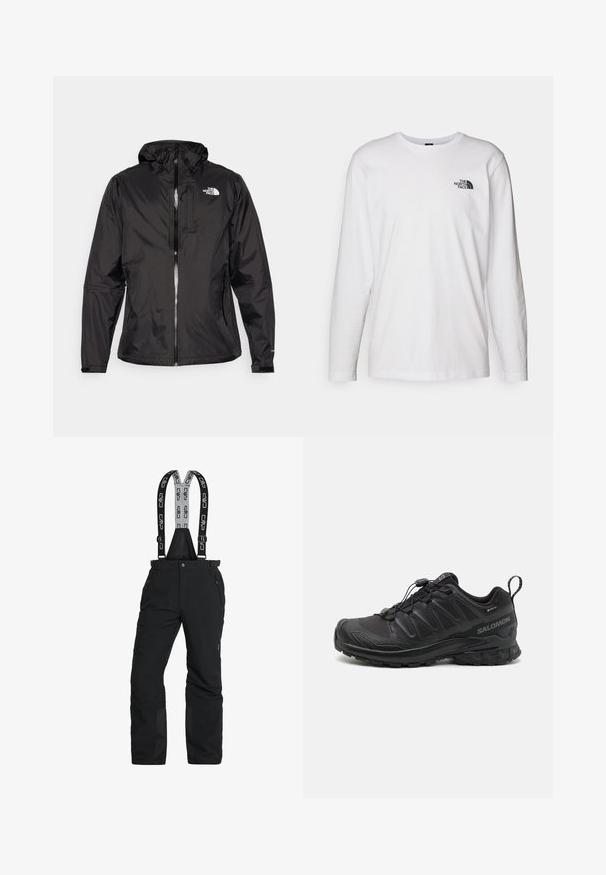 Zwarte waterdichte jas van lichtgewicht stof. Voorzien van een ritssluiting aan de voorkant, verstelbare capuchon en logo-accent op de borst. Inclusief elastische manchetten.; Witte lange mouwen T-shirt gemaakt van katoen met een ronde hals. Beschikt over een klein zwart logo op de borst. Soepele textuur, normale pasvorm.; Zwarte sneeuwbroeken met verstelbare bretels, ritszakken en versterkte enkels. Gemaakt van waterdicht materiaal met een soepele textuur.; Zwarte sportieve schoen met een gestructureerde synthetische bovenkant, een gevoerde zool en een snelvetersysteem. Heeft een verstevigde neus en hiel.
