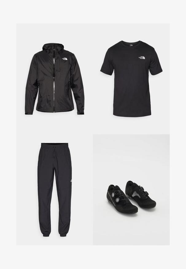 Musthave mustus jakk mustus, kerge kangaga. Omab lukuga esi- ja reguleeritavat kapuutsi ning rinnal logot. Lisatud elastsed mansetid.; Must have lühikeste varrukatega must T-särk, mis on valmistatud puuvillast, ümmarguse kaelusega ja väikese valge logoga vasakus ülanurgas.; Mustavad sportlikud püksid, mis on valmistatud kergest kangast, joonlauaga taljest, küljetaskudega ja kitsenevate varrukatega pahkluude juures.; Mustad jalgrattasaapad, millel on hingav võrgust ülemine osa, stiilne disain, kaks reguleeritavat dial'it ning jäigad pinnad. Omab tugevdust varbale ja kannaosale.