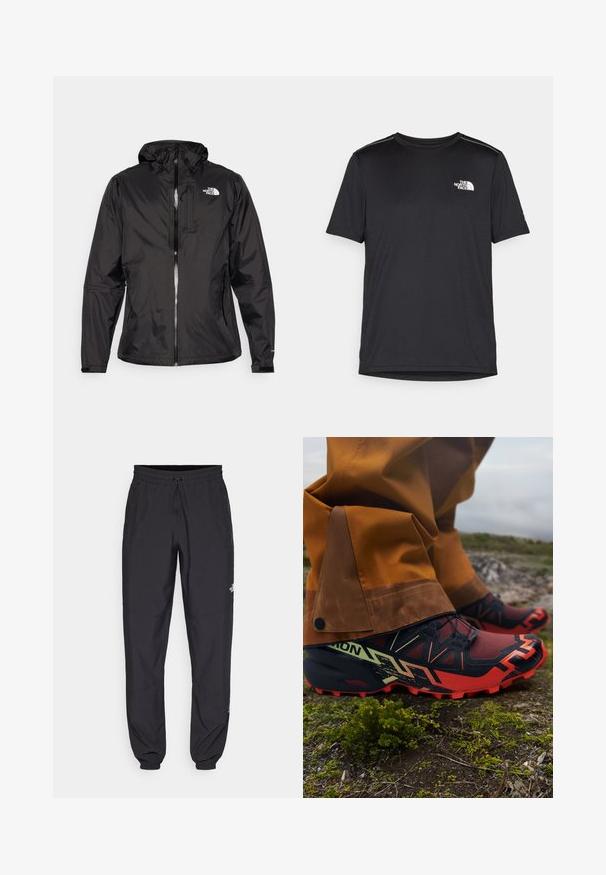 Černá voděodolná bunda z lehkého materiálu. Vybavena zipem vpředu, nastavitelnou kapucí a akcentem loga na hrudi. Součástí jsou elastické manžety.; Černé tričko s krátkým rukávem vyrobené z lehkého materiálu. Má malé bílé logo na levé části hrudi a decentní akcenty na ramenech.; Černé sportovní kalhoty vyrobené z lehké tkaniny, s páskem na šňůrku, bočními kapsami a zúženými manžetami na kotnících.; Běžecké boty do terénu s černou, červenou a žlutou barevnou kombinací. Síťovinový svršek, texturovaná podrážka a elastické tkaničky pro bezpečné uchycení.