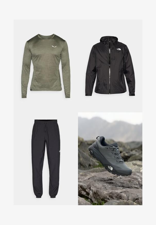 Fekete vízálló dzseki könnyű anyagból. Cipzáros előlappal, állítható kapucnival és logóval az emlőrészen. Rugalmas mandzsetták is találhatók rajta.; Hosszú ujjú sporting, olívazöld színben, puha, könnyű anyagból készült. Finom fényességgel rendelkezik, és egy kicsi fehér logó található a mellkasán.; Fekete sportnadrág, könnyű anyagból készült, húzózsinóros derékkal, oldalsó zsebekkel és szűkített szárakkal a bokáknál.; Szürke terepfutó cipő, texturált felsőrésszel, tartós gumitalppal és megerősített orr résszel. Fekete fűzők és márka logó a cipő oldalán.
