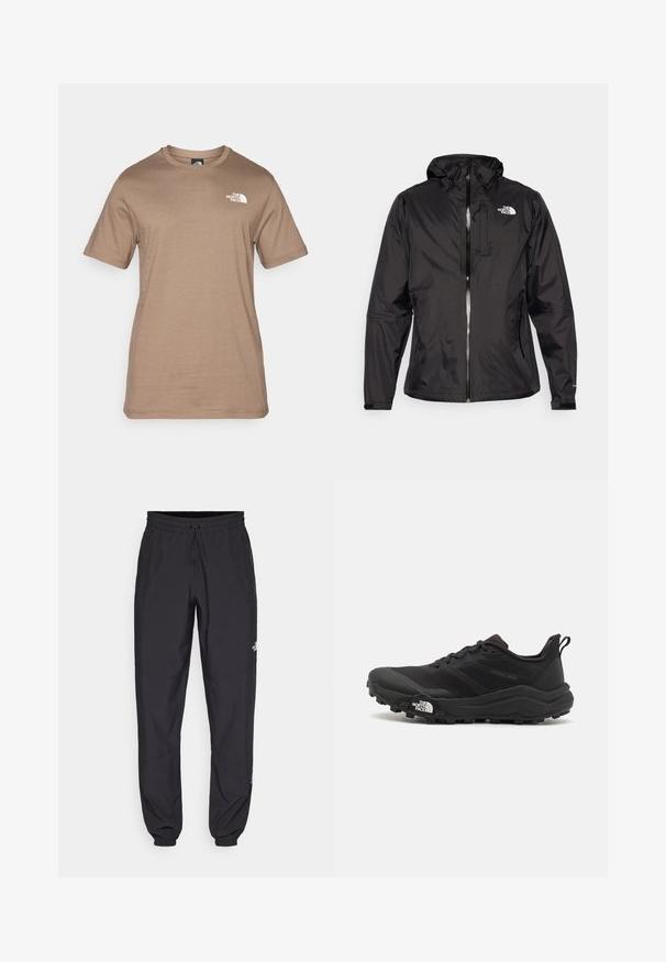 Jachetă neagră impermeabilă dintr-un material ușor. Are un fermoar frontal, glugă ajustabilă și un accent logo pe piept. Include manșete elastice.; Tricou din bumbac, cu mânecă scurtă, de culoare maro deschis, ce prezintă un mic logo alb pe piept. Guler clasic rotund, textură netedă și croială standard.; Pantaloni atletici negri, confecționați dintr-un material ușor, cu un tiv elastic la talie, buzunare laterale și tivuri ajustate la gleznă.; Pantofii de alergare pe teren accidentat, de culoare neagră, cu un superior texturat, talpă din cauciuc și vârf întărit. Prezintă un guler căptușit și o bandă de prindere pentru îmbrăcare ușoară.