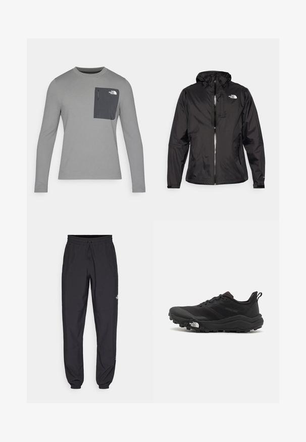 Musthave mustus jakk mustus, kerge kangaga. Omab lukuga esi- ja reguleeritavat kapuutsi ning rinnal logot. Lisatud elastsed mansetid.; Pikacitega hall pikka varrukaga särk, millel on tekstuuriga kangas, tumeda halli rinnataskuga ja tõmblukuga. Taskul valge logo.; Mustavad sportlikud püksid, mis on valmistatud kergest kangast, joonlauaga taljest, küljetaskudega ja kitsenevate varrukatega pahkluude juures.; Must tume jooksujalats musta värvi, tekstuurse ülemise osaga, kummist tallaga ja tugevdatud varbaga. Omab pehmendusega krae ja tõmblinti mugavaks selga panemiseks.