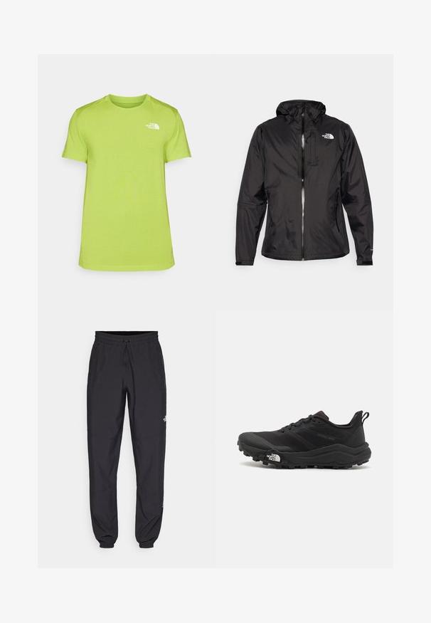 Fekete vízálló dzseki könnyű anyagból. Cipzáros előlappal, állítható kapucnival és logóval az emlőrészen. Rugalmas mandzsetták is találhatók rajta.; Lime zöld, rövid ujjú póló, nedvességelvezető anyagból készült, bal mellrészen egy kis fehér logóval és kerek nyakkivágással.; Fekete sportnadrág, könnyű anyagból készült, húzózsinóros derékkal, oldalsó zsebekkel és szűkített szárakkal a bokáknál.; Fekete terepfutó cipő, textúrált felső résszel, gumitalppal és megerősített lábujjrészével. Párnázott bokarésszel és húzófüllel rendelkezik a könnyű felhúzáshoz.