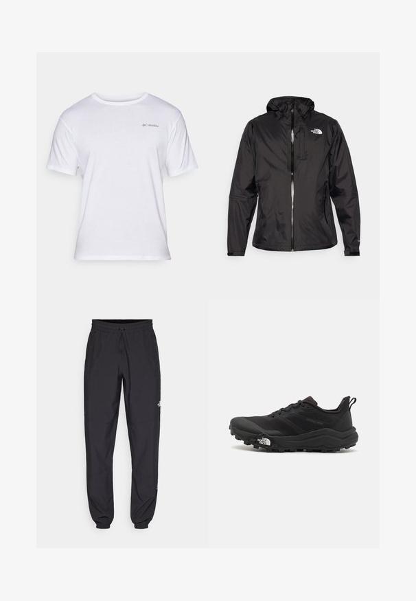Melnā ūdensnecaurlaidīgā jaka vieglā audumā. Iekļauta ar rāvējslēdzēja priekšpusi, regulējamu kapuci un logo akcentu uz krūtīm. Iekļautas elastīgas aproces.; Bļaļš diegs krekliņš ar apaļu kaklu un īsām piedurknēm, ar mazu pelēku Columbia logotipu kreisajā krūtīs.; Melni sporta bikses, kas izgatavotas no viegla auduma, ar savelcamu jostu, sānu kabatām un sašaurinātiem apakšējiem galiem pie potītēm.; Melnas taku skriešanas kurpes ar teksturētu virsu, gumijas zoli un pastiprinātu pirkstu daļu. Aprīkotas ar mīkstu apkakli un vilkšanas cilpu, lai viegli uzvilktu.