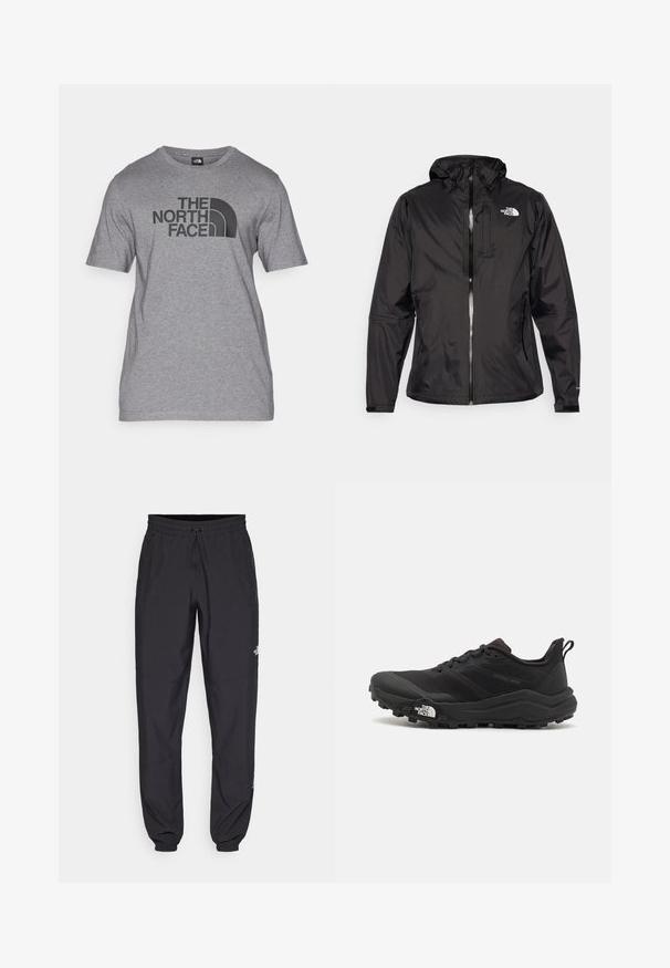 Schwarze wasserdichte Jacke aus leichtem Material. Verfügt über einen Reißverschluss vorne, eine verstellbare Kapuze und einen Logo-Akzent auf der Brust. Mit elastischen Bündchen.; Grau Short-Sleeve T-Shirt aus Baumwollmix, mit einem schwarzen Grafikdruck von "THE NORTH FACE" und einem geschwungenen Logo-Detail auf der Vorderseite.; Schwarze Sporthosen aus leichtem Stoff, mit einem Kordelzugbund, seitlichen Taschen und schmal zulaufenden Bündchen an den Knöcheln.; Schwarzer Trailrunning-Schuh mit strukturiertem Obermaterial, Gummisohle und verstärkter Zehenkappe. Verfügt über einen gepolsterten Kragen und eine Ziehlasche für einfaches Anziehen.