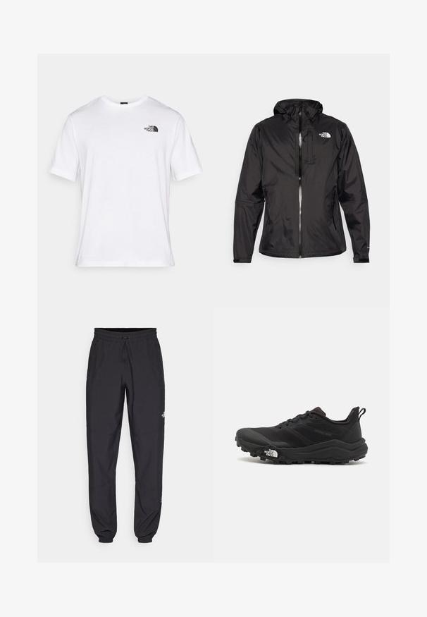 Black waterproof jacket in lightweight fabric. Features a zippered front, adjustable hood, and logo accent on the chest. Elastic cuffs included.; White cotton t-shirt with short sleeves, crew neckline, and a small black logo on the left chest. Smooth texture, relaxed fit.; Black athletic pants made from lightweight fabric, featuring a drawstring waistband, side pockets, and tapered cuffs at the ankles.; Black trail running shoe with a textured upper, rubber sole, and reinforced toe cap. Features a padded collar and pull tab for easy wear.