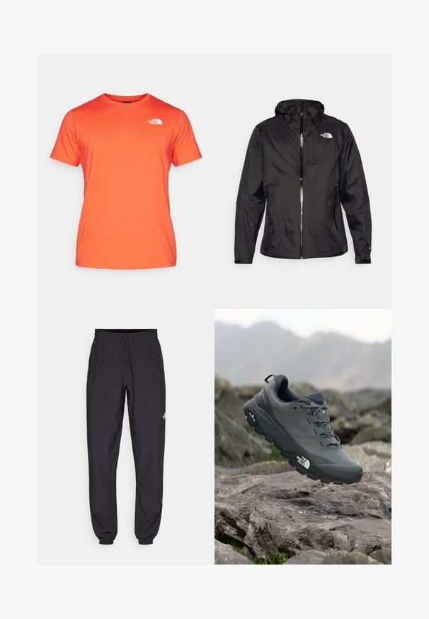 Musthave mustus jakk mustus, kerge kangaga. Omab lukuga esi- ja reguleeritavat kapuutsi ning rinnal logot. Lisatud elastsed mansetid.; The North Face M SS BOX NSE TEE - Trükipildiga T-särk - crimson orange/black; Mustavad sportlikud püksid, mis on valmistatud kergest kangast, joonlauaga taljest, küljetaskudega ja kitsenevate varrukatega pahkluude juures.; Hallhalli jooksukingad halli värvi, tekstureeritud ülemise osaga, vastupidava kummist tallaga ja tugevdatud varvaste kattega. Omab paelu ja kaubamärgi logo küljel.