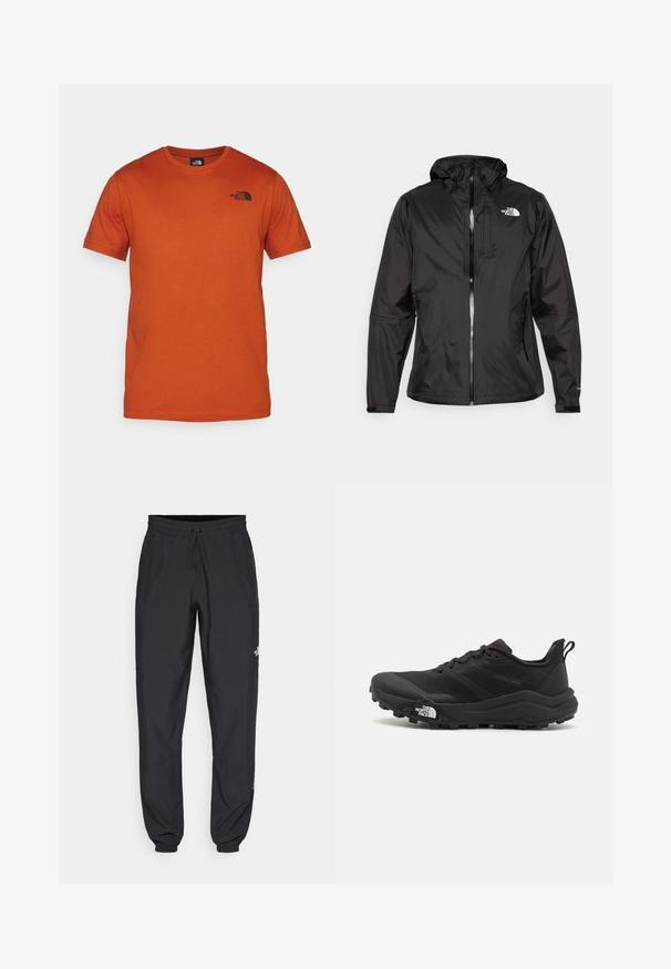 Black waterproof jacket in lightweight fabric. Features a zippered front, adjustable hood, and logo accent on the chest. Elastic cuffs included.; The North Face BOX CELEBRATION TEE - Print T-shirt - earthen copper; Black athletic pants made from lightweight fabric, featuring a drawstring waistband, side pockets, and tapered cuffs at the ankles.; Black trail running shoe with a textured upper, rubber sole, and reinforced toe cap. Features a padded collar and pull tab for easy wear.