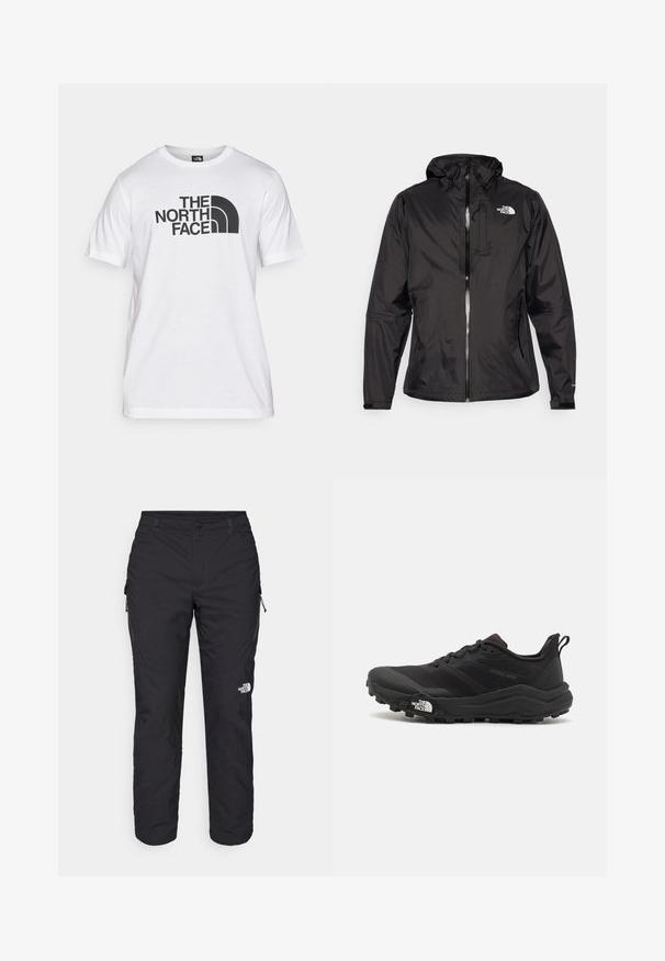 Sort vandtæt jakke i letvægtsstof. Har en lynlåslukning foran, justerbar hætte og logopræget på brystet. Inkluderer elastiske manchetter.; Hvid bomulds T-shirt med sort grafisk print, der inkluderer tekst og et buet logodesign. Rund halsudskæring og korte ærmer. Ensartet tekstur.; The North Face WINTER EXPLORATION TAPERED CARGO  - Outdoorbukser - black; Sort trail løbesko med en struktureret overdel, gummisål og forstærket tåhætte. Har en polstret krave og en pull-tab til nem påtagning.
