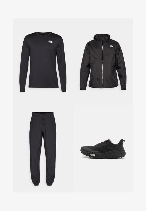 Jachetă neagră impermeabilă dintr-un material ușor. Are un fermoar frontal, glugă ajustabilă și un accent logo pe piept. Include manșete elastice.; Tricou de performanță negru cu mânecă lungă, realizat dintr-un material ușor, având un logo alb pe partea superioară stângă a pieptului. Textură netedă.; Pantaloni atletici negri, confecționați dintr-un material ușor, cu un tiv elastic la talie, buzunare laterale și tivuri ajustate la gleznă.; Pantofii de alergare pe teren accidentat, de culoare neagră, cu un superior texturat, talpă din cauciuc și vârf întărit. Prezintă un guler căptușit și o bandă de prindere pentru îmbrăcare ușoară.