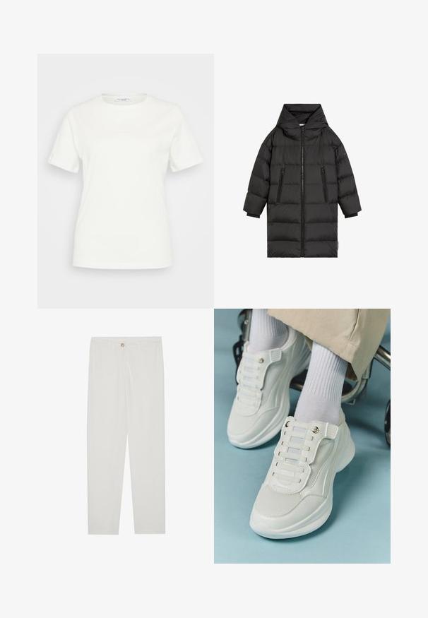 Schwarze Daunenjacke mit Kapuze, versehen mit gestepptem Textil, einem Reißverschluss an der Vorderseite und zwei seitlichen Reißverschlusstaschen. Lange Ärmel mit elastischen Bündchen.; Weißes Baumwoll-T-Shirt mit rundem Halsausschnitt und kurzen Ärmeln. Auf der Vorderseite sind keine ausgeprägten Muster oder Akzente sichtbar.; Weisse, maßgeschneiderte Hosen mit geradem Bein, die über einen Knopfverschluss, Gürtelschlaufen und Seitentaschen verfügen; glatte Stoffoberfläche.; Weiße Sneaker aus Mesh-Material, mit Gummisohle, schnürfreiem Design mit elastischen Bändern und goldfarbenen Akzenten.