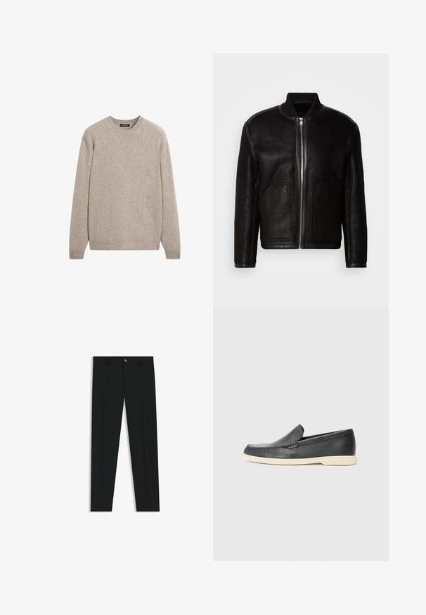 Giubbotto bomber in shearling nero con zip frontale, colletto a costine e due grandi tasche anteriori.; Maglione beige lavorato a maglia con scollatura arrotondata, maniche lunghe, polsini e orlo a costine, caratterizzato da una sottile trama e un materiale leggero.; Pantaloni neri in tessuto lisci, con design a gamba dritta. Presentano una chiusura frontale con bottone e passanti per cintura. Senza fantasie.; Mocassini neri in pelle con finitura testurizzata e suola in gomma beige a contrasto. Presentano un accento sottile lungo la parte anteriore.