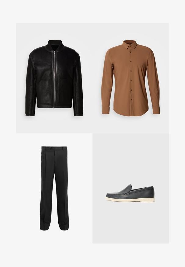 Casaco bomber de pelúcia preto com fecho éclair frontal, gola canelada e dois grandes bolsos frontais.; Camisa de manga longa castanha com colarinho abotoado, textura suave e botões castanhos. Apresenta uma bainha curva e um ajuste elegante.; Calças pretas com um design de perna reta, apresentando pregas, um fecho de botão único e passantes para cinto. Feitas de um tecido suave.; Mocassins pretos em couro com acabamento texturizado e sola de borracha bege em contraste. Apresenta um detalhe subtil na parte da frente.