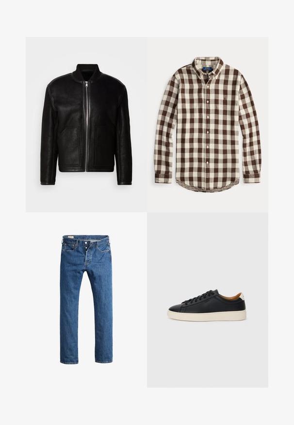 Giubbotto bomber in shearling nero con zip frontale, colletto a costine e due grandi tasche anteriori.; Camicia a maniche lunghe con bottoni, motivo a quadri marrone e crema, colletto con bottoni e logo ricamato discreto sul petto.; Jeans in denim blu con un design a gamba dritta, caratterizzati da una chiusura frontale a bottoni, passanti per cintura e un classico stile a cinque tasche.; Sneakers in pelle nera con una texture liscia, suola in gomma beige, design con lacci e un accento del tacco in contrasto.