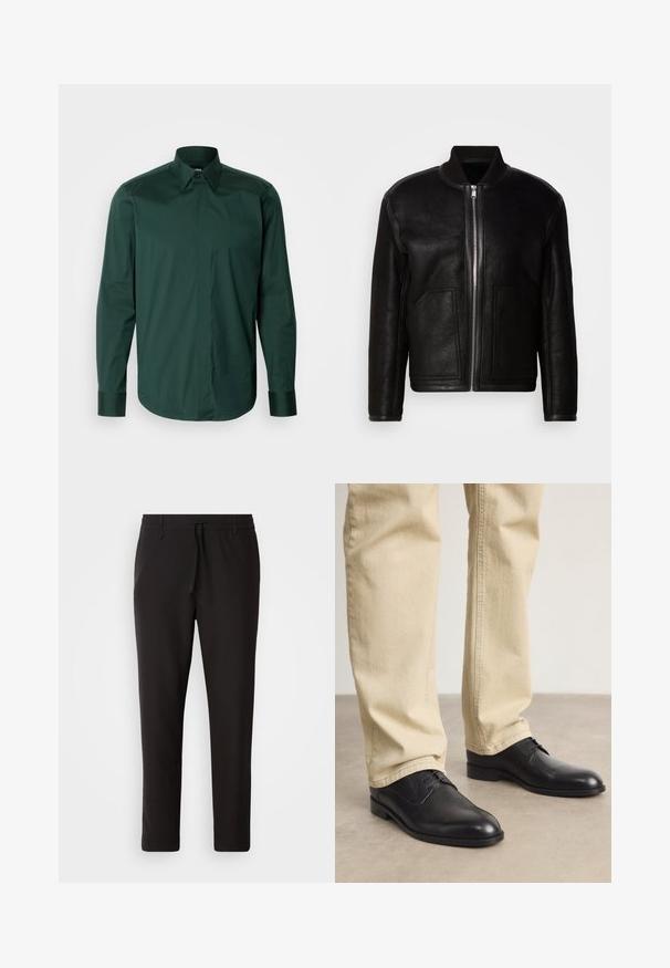 Juodas avikailio bomberio švarkas su priekiu užtrauktuku, raiščiu apykakle ir dviem didelėmis priekinėmis kišenėmis.; Tamsiai žalia ilgomis rankovėmis mygtukų marškiniai, pagaminti iš lygaus medvilnės, su smailiu apykakle ir rankogaliais, tiesaus kirpimo ir minimaliais akcentais.; Juodi džinsai, pagaminti iš lygaus audinio. Yra elastinė juosmens juosta su raišteliu, siaurėjantys džinsai, be matomų kišenių. Paprastas dizainas.; Juodos odinės bateliai su raišteliais, su apvaliu pirštu, lygia danga ir subtiliomis siuvimo detalėmis, dėvimi su šviesiai smėliniais kelnėmis.