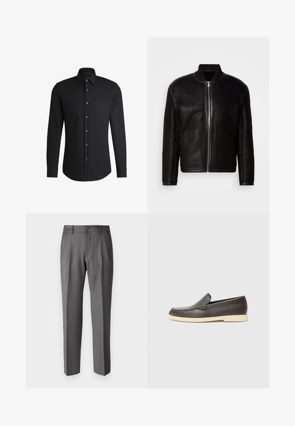 Jachetă bomber din blană sintetică neagră cu fermoar în față, guler rib și două buzunare mari în față.; Cămașă neagră cu mânecă lungă, fabricată dintr-un material neted, având un guler clasic, placket cu butoane în față și tiv rotunjit cu butoane de ton argintiu.; DRYKORN LEEK - Pantaloni - grey; Pantofi slip-on din piele maro, cu o suprafață texturată și o talpă contrastantă de un bej deschis, având vârful rotund și detalii de cusătură minime.