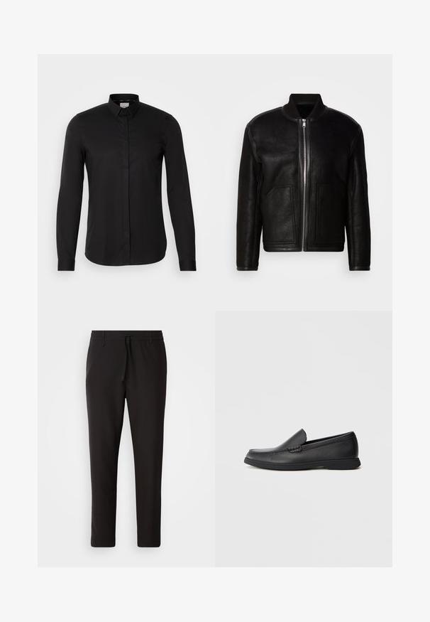 Melna aitas bumbieraksts ar priekšējo rāvējslēdzēju, ribinātu apkakli un divām lielām priekšējām kabatām.; Melnas garām piedurknēm krekls, izgatavots no gludas auduma, ar pogu lejušās apkakli, priekšējo plati un diskretu logotipu uz krūtīm.; Melnas sporta bikses no gludas auduma. Tām ir elastīga josta ar auklu, sašaurinātas kājas un nav redzamu kabatu. Vienkāršs dizains.; Melnas ādas slip-on loafer ar teksturētu virsmu, noapaļota purngala, zemu papēdi un gumijas zoli, redzams sānskatā uz balta fona.