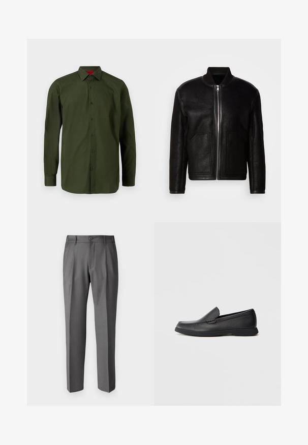 Zwart schapenvacht bomberjack met een ritssluiting aan de voorkant, ribbelkraag en twee grote zijzakken.; HUGO VALERIO - Zakelijk overhemd - dark green; DRYKORN LEEK - Broek - grey; Zwarte leren instaploafer met een textuur bovenwerk, ronde neus, lage hak en rubberen zool, weergegeven in zijprofiel op een witte achtergrond.