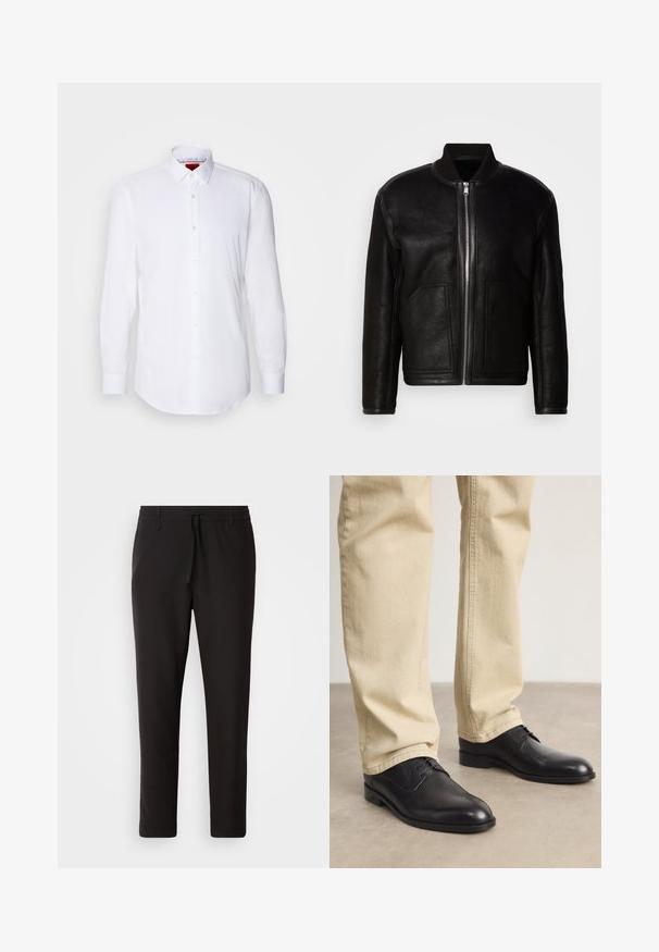 Sort shearling bomberjakke med frontlynlås, ribbet krave og to store forlommer.; Hvid langærmet skjorte fremstillet af glat stof, med klassisk krave, knaplukning foran med små, runde knapper og knaplukning ved håndleddene.; Sorte joggebukser lavet af glat stof. Har en elastisk talje med snor, tætsiddende ben og ingen synlige lommer. Enkel design.; Sorte læder snørebåndssko med rund tå, glat finish og diskrete syninger, båret med lyse beige bukser.