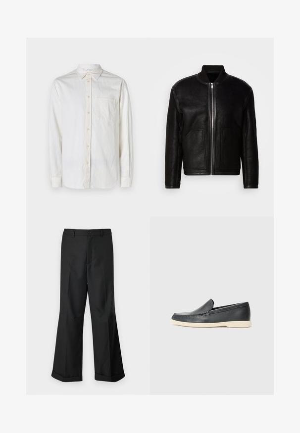 Črna bomber jakna iz ovčje kože s sprednjim zadrgo, rebrastim ovratnikom in dvema velikima sprednjima žepoma.; Dolga majica z dolgimi rokavi, bela, izdelana iz teksturirane tkanine, z ovratnikom na gumbe, sprednjim žepom in gumbom ob plakti ter manšetah.; Črne široke hlače z gumbasto pasom in manšetami, prikazane na enostavni beli podlagi.; Črne usnjene natikače z teksturiranim zaključkom in kontrastno bež gumo na podplatu. Imajo subtilen naglas vzdolž sprednje strani.