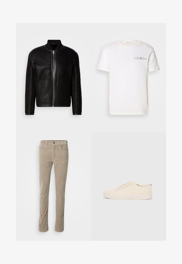 Juodas avikailio bomberio švarkas su priekiu užtrauktuku, raiščiu apykakle ir dviem didelėmis priekinėmis kišenėmis.; Balta medvilninė marškinėlių su apvalia apykakle, trumpomis rankovėmis ir spaudiniu. Pasižymi minimalistiniu dizainu ir laisvu kirpimu.; GANT SLIM - Kelnės - warm grey; Šviesiai rudos drobės sportbačiai su apvalia nosimi, plokščiu guminiu padu ir raišteliais priekyje. Pasižymi minimalizmu ir juodu akcentu kulne.