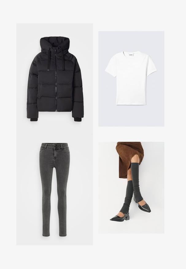 Melna pūkainā jakas ar rāvējslēdzēja aizdari, lielu kapuci un elastīgām piedurknēm. Kvadrātveida ir uzraksts un gluda tekstūra siltumizolācijai.; Balta īsroku kokvilnas T-krekls ar apaļu kaklu un taisnu apakšmali. Minimālistisks dizains bez redzamām rakstiem vai izcelumiem.; Tievās pelēkās džinsās, kas izgatavotas no denima, ar augstu jostasvietu, divu pogu aizdari un minimālu šuvju detaļu, lai nodrošinātu elegantu izskatu.; Melnas laka ādas apavi ar norādītu purngalu, blokveida papēdi un potīšu jostu, saskaņoti ar pelēkām ribotām kāju sildītājām un brūnu zamšādas svārku.