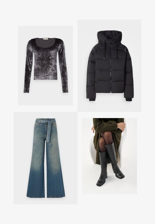 Fekete puffermellény cipzárral, túlságosan nagy kapucnival és elasztikus mandzsettákkal. Steppelt kialakítás és sima textúra a szigetelés érdekében.; Fekete, hosszú ujjú felső, összepréselt bársonyból készült, lekerekített nyakkivágással és fényes, texturált felülettel.; Bőszárú farmernadrág, világos és sötétkék árnyalatokkal, magas derekú, övgyűrűkkel és a nadrággal megegyező anyagú övvel. Textúrált farmer kivitel.; Térdfelett érő fekete bőr csizmák négyzet alakú orral és tömbtalppal, olajzöld kabátban ülő modellel bemutatva. Simaság, minimalista részletezés.