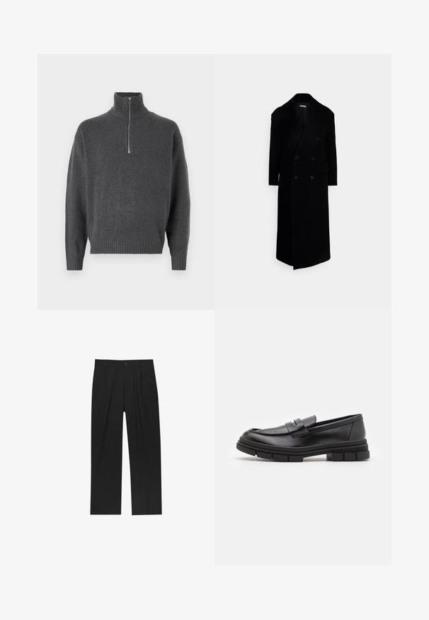 Cappotto doppiopetto nero con ampi revers, maniche lunghe e due tasche anteriori. Realizzato in un tessuto misto lana strutturato.; Jack & Jones JOROLLIE HALF ZIP - Maglione - iron gate; Pantaloni neri con un design a gamba dritta, realizzati in un tessuto liscio. Presentano pieghe frontali e una chiusura a un bottone in vita.; Mocassini in pelle nera con finitura liscia, dotati di un dettaglio di cinturino anteriore e di una suola in gomma spessa con accenti scanalati.