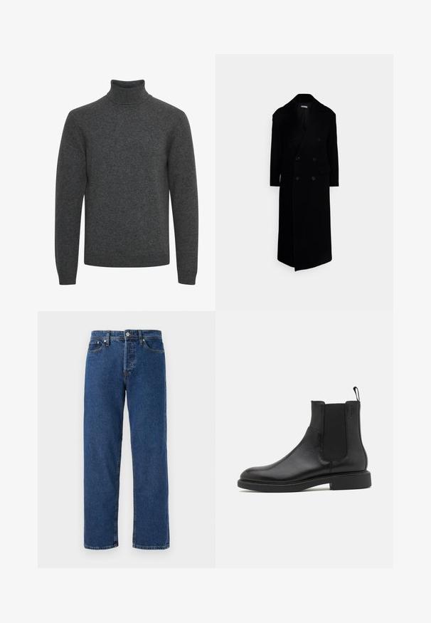 Black double-breasted overcoat with large lapels, long sleeves, and two front pockets. Made of a textured wool blend fabric.; Dark gray turtleneck sweater made of soft knit material; features long sleeves and a ribbed collar with a smooth texture throughout.; Blue denim jeans with a straight-leg cut, featuring five pockets, metal button closure, and visible stitching on the seams.; Black leather ankle boot with smooth texture, elastic side panels, and a pull tab. Round toe and flat rubber sole with minimal tread.