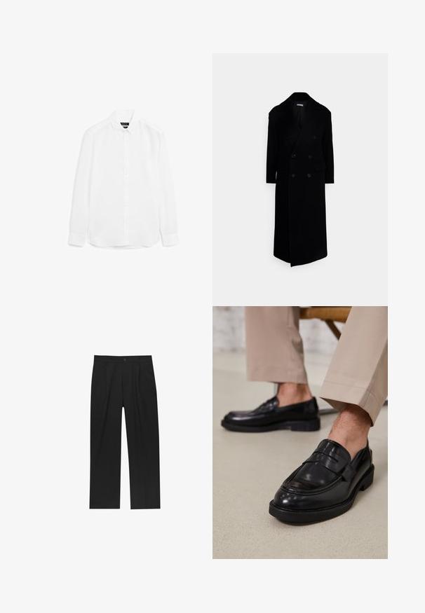 Cappotto doppiopetto nero con ampi revers, maniche lunghe e due tasche anteriori. Realizzato in un tessuto misto lana strutturato.; Camicia bianca a maniche lunghe realizzata in tessuto liscio, con chiusura frontale a bottoni, colletto a punta e orlo arrotondato con polsini abbottonati.; Pantaloni neri con un design a gamba dritta, realizzati in un tessuto liscio. Presentano pieghe frontali e una chiusura a un bottone in vita.; Mocassini in pelle nera con finitura liscia, dotati di una cintura decorativa e cuciture a contrasto, abbinati a pantaloni beige.