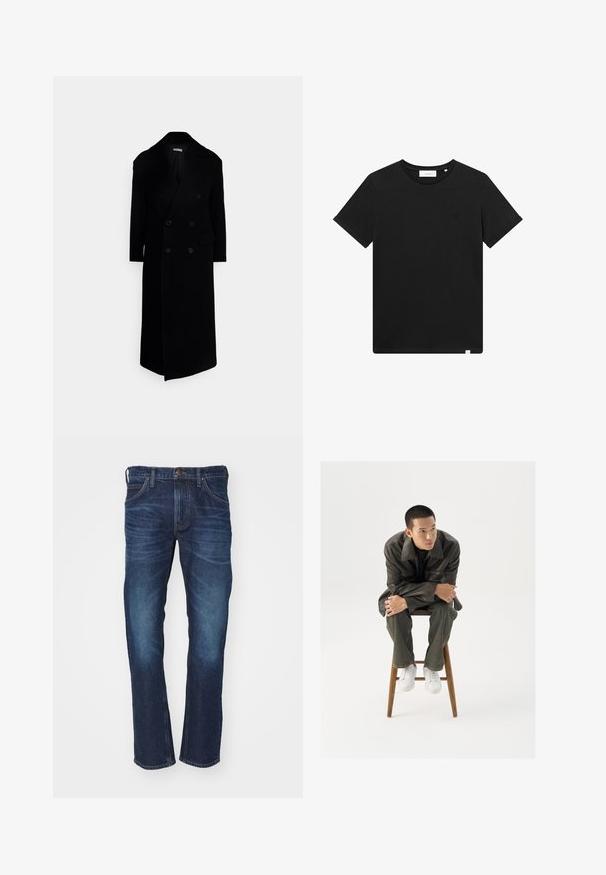 Melns divrindu mētelis ar lieliem klājējiem, garām piedurknēm un divām priekšējām kabatām. Izgatavots no teksturēta vilnas maisījuma auduma.; Melna īsām piedurknēm T-krekls, izgatavots no kokvilnas, ar apaļu kakla izgriezumu un mazu logo, kas izšūti uz krūtīm. Gluda virsma, standarta piegriezums.; Tumši zili taisni džinsi ar priekšējām kabatām, jostu cilpām un pogu aizdari, veidojot smalku izbalējumu uz gurniem un ceļgaliem.; Brūna ādas jaka ar platu apkakli, apvienota ar tumši zaļām džinsām un baltām skrējējiem. Modelis sēž uz koka krēsla.