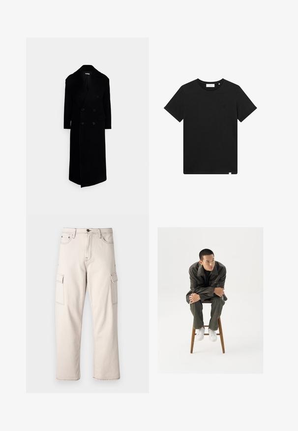 Czarny dwurzędowy płaszcz z dużymi klapami, długimi rękawami i dwoma przednimi kieszeniami. Wykonany z teksturowanej mieszanki wełny.; Czarna koszulka z krótkim rękawem wykonana z bawełny, z okrągłym dekoltem i małym logo haftowanym na piersi. Gładka tekstura, standardowy krój.; Beżowe spodnie cargo wykonane z bawełny, z dwoma bocznymi kieszeniami, prostym krojem nogawki i kontrastowymi przeszyciami.; Brązowa skórzana kurtka z szerokim kołnierzem, zestawiona z ciemnozielonymi dżinsami i białymi sneakersami. Model siedzi na drewnianym stołku.