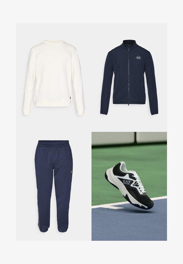 Námořnická zipová bunda s vysokým límcem, vyrobená z hladké tkaniny. Obsahuje logo EA7 na hrudi a elastické manžety na rukávech.; Bílá mikina vyrobená z měkké tkaniny, s dlouhými rukávy, kulatým výstřihem a rovnými lemy, na boku s malou značkovou štítkem.; Námořnické modré tepláky vyrobené z měkké látky, s páskem na stažení v pase, bočními kapsami a logem potištěným podél levé nohavice.; Černobílá teniska EA7 Emporio Armani zavěšená nad modrými a zelenými čarami tenisového kurtu.