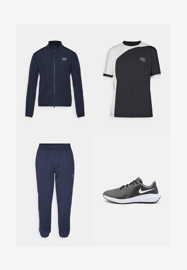Tumši zilas krāsas zip-up jaka ar augstu apkakli, izgatavota no gludas auduma. Uz krūšu ir EA7 logo, kā arī elastīgas aproces uz piedurknēm.; Īsām piedurknēm T-krekls ar divu toņu dizainu melnā un baltā krāsā, ar gludu faktūru un EA7 logotipu priekšpusē.; Tumši zili sporta bikses, kas izgatavotas no mīkstas auduma, ar auklu jostu, sānu kabatām un logo, kas izdrukāts pa kreiso kāju.; Nike sporta apavi melnā un pelēkā sietā, ar baltu Swoosh logo, vieglu dizainu un strukturētu gumijas zoli labākai saķerei.