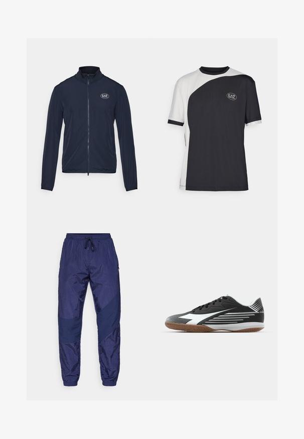 Mornarska zip-up jakna z visokim ovratnikom, izdelana iz gladkega materiala. Ima EA7 logo na prsih in elastične manšete na rokavih.; Majica s kratkimi rokavi s dvobarvnim dizajnom v črni in beli barvi, z gladko teksturo in logotipom EA7 na sprednji strani.; Temno modri atletski hlače z teksturirano, sijočo površino. Imajo ožji kroj, elastičen pas in kontrastne temno modre panele na straneh.; Črne atletske superge z teksturirano zgornjico, belimi detajli in podplatom iz gumijastega materiala. Imajo diagonalne črtne vzorce in tradicionalno vezanje.